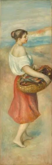 This painting depicts a woman standing in profile, facing the right. She has light skin, dark hair styled in a low bun, rosy cheeks, and pink lips, and she is wearing a white off-the-shoulder blouse and a red skirt.