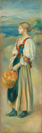 This painting shows a young woman standing in profile, facing the left and holding a basket of orange-yellow fruit.