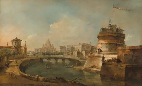 The painting shows a cityscape with a large cylindrical reddish-brown fortress on the right. In the center, a wide river winds through the city, with people by the riverbank and more people walking along a winding road on the left.