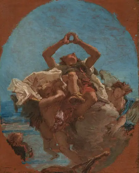 This painting shows several people in the sky, surrounded by billowing fabric. In the center is a person who appears to be sitting on a cloud-like form. The person is on their back with their legs towards us and their head tilted up.