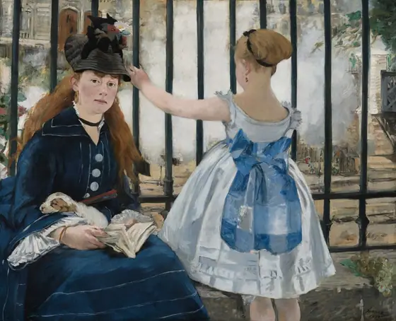 To our left, a young woman sits facing us on a low stone wall at the base of the vertical, black bars of an iron fence and a young girl stands facing away from us to our right in this horizontal painting. Both have pale skin.