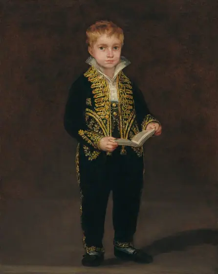 A young boy with pale skin, wearing a black suit with densely pattered gold trim and decoration, stands holding an open book in front of a brown background in this vertical portrait painting.