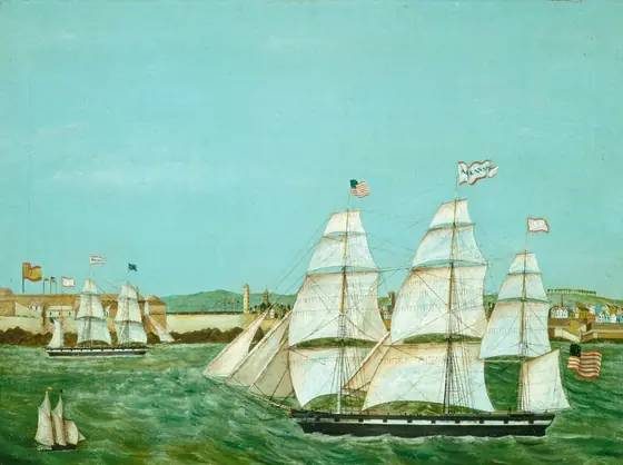 This painting shows a maritime scene from the water, with a coastline in the distance marked by small, colorful buildings and distant green hills.