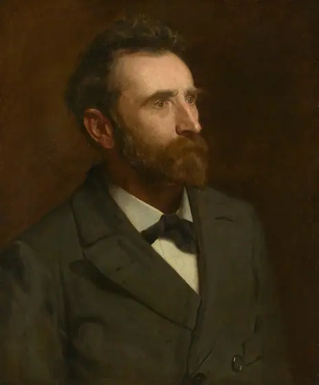 This painting shows a man from the chest up, positioned facing the right, gazing into the distance. The male has pale skin, a long nose, and deep-set eyes. He has dark, wavy hair, a pointed beard, and a mustache that hides his mouth.