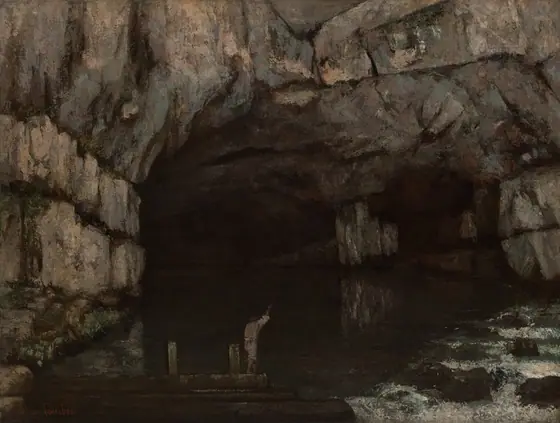 A pair of arched cave openings yawn in a steep, rocky cliff face that fills this horizontal painting.