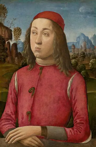 This painting shows a young person from the waist up, sitting with their hands folded on a brown surface. The person is angled slightly to the left, looking up into the distance.
