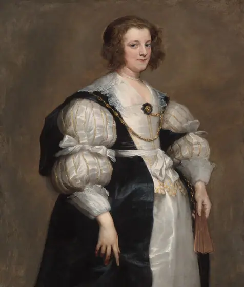Shown from the knees up, a pale-skinned woman wearing a voluminous, gold-trimmed, white satin gown and a black overdress stands holding a closed fan in this vertical portrait painting.