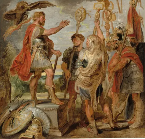 A bearded man with copper-blond hair and flushed, peachy skin stands on a stone-gray pedestal and gestures toward a group of five more men gathered before him in this square painting. Some of the men are light-skinned, others are tan.