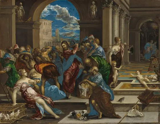 A long haired, bearded man holds a whip and stands in the middle of a crowd of about two dozen people who stand or twist, all in a building with columns and arches in this horizontal painting.