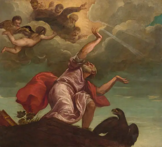 From far below, we look up at an older man with standing on a cliff edge or rocky ledge with his arms raised as he turns his head to gaze up to a second man and winged, child-like angels surrounded by clouds in the sky above in this square…