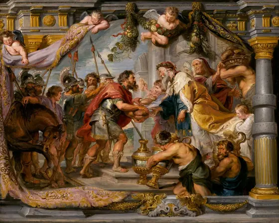 This horizontal painting shows a tapestry being unfurled and held up by winged, baby-like putti against a structure with gray and gold columns, seen at the edges of the composition.