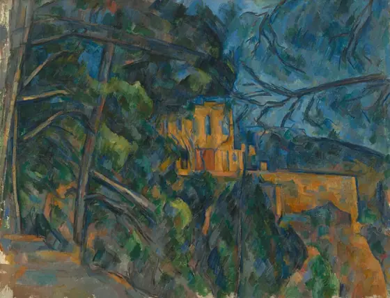 We look across a forested ravine painted in deep greens and blues at a terracotta-orange building at the top of a hill at the center of this nearly square, loosely painted landscape.