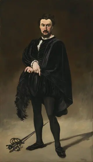 A bearded man with light skin, wearing a black costume and holding a plumed hat, stands in front of mottled brown background in this vertical portrait painting.