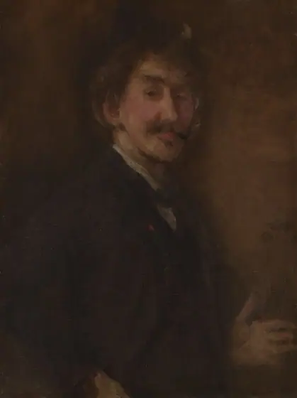 Shown from the waist up, a pale-skinned man with a mustache stands with one hand on his hip and the other hand held up in this dark-toned, vertical portrait painting.