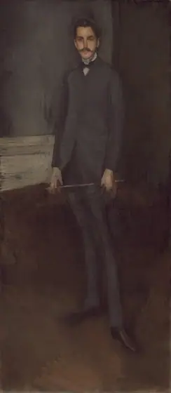 A tall, thin, pale-skinned young man stands in a dimly lit room, nearly filling the height of this portrait painting. He faces us with his body turned slightly to our left, and he wears a charcoal-gray suit and black shoes.