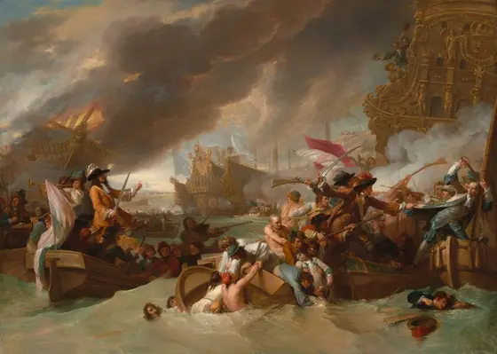We hover low over a body of choppy water in front of several rowboats filled to capacity with light-skinned men jostling and fighting each other amid larger wooden ships in this horizontal painting of a naval battle.