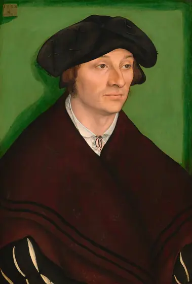Shown from the waist up, a clean-shaven man with pale, peachy skin is dressed in black and burgundy red in this vertical portrait painting.