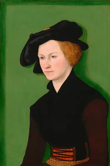Shown from the lap up, a pale-skinned woman looks off to the left in front of a vivid green background in this vertical portrait painting.