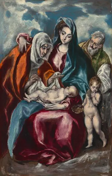A young woman sitting with a nude infant lying in her lap is flanked on either side by an older woman to our left and an elderly man with a nude young boy to our right in this vertical painting. They all have pale skin tinged with blue.