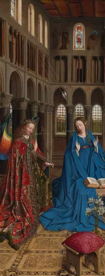 A woman and winged angel, both with pale, peach skin, are situated in a church interior in this tall, narrow painting. To our left, the angel has long, blond, curly hair, smooth skin, and is smiling.
