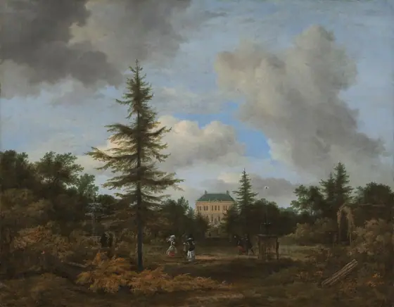 A garden with two fountains stretches back to a manor house in the distance in this horizontal landscape painting. The horizon comes about a third of the way up the composition, and gray clouds tower in the vivid blue sky above.