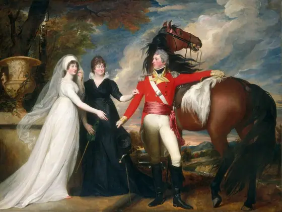 Two women reach for or touch the arm of a man wearing a uniform and standing next to a chestnut-brown horse in front of a deep landscape in this horizontal painting.