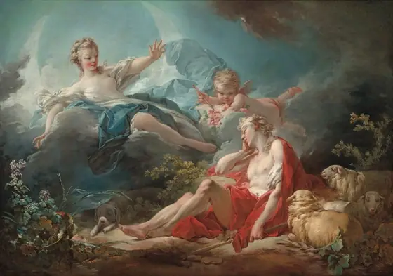 Close to us, a woman and a winged, child-like putto float on clouds above a clean-shaven young man in a forest setting in this horizontal painting. All three people have smooth, pale skin, rosy cheeks, and ash-blond hair.