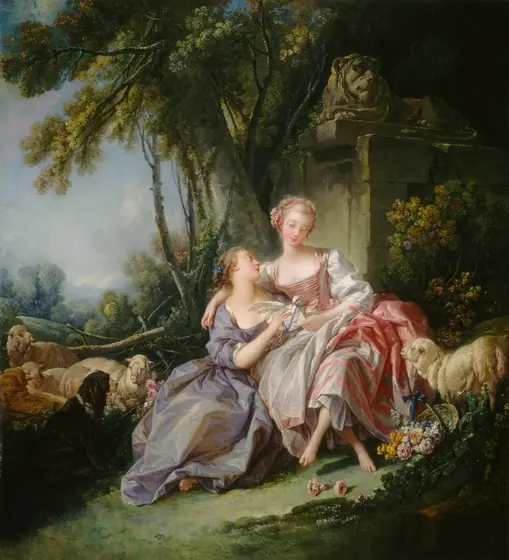 Two pale-skinned women sit together surrounded by five sheep and a dog in a lush forest in this vertical painting. The woman to our right sits slightly above the other, with her arm draped around the shoulders of her companion.