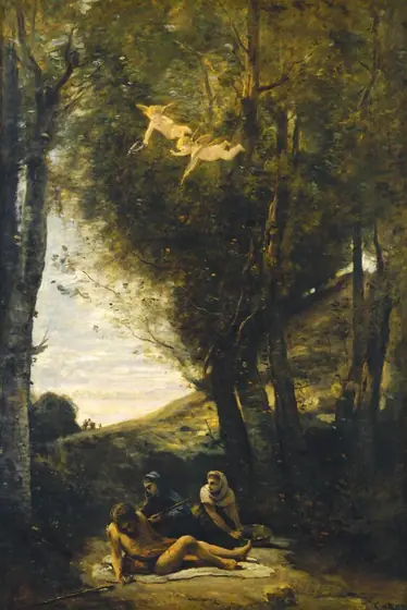 The painting shows a scene from a slightly elevated angle. At the bottom are three people; two women are tending to a man who appears to have long spears or arrows in him.