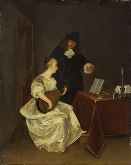 A woman wearing a pale yellow silk dress sits playing a lute in front of a table while a man, wearing a black suit and hat, stands behind her in this vertical painting. Both have light skin.