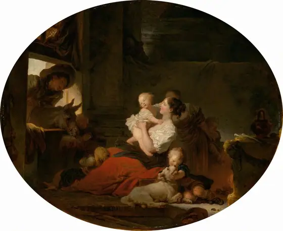 In a deeply shadowed room, two women and several children are gathered at the center of this wide, oval painting, looking toward a young man and donkey who peer in over a half-door to our left.