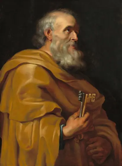 Shown from the waist up, an elderly man with pale, peachy skin, wavy, silvery-gray hair, and a long beard stands facing our right, almost filling this vertical painting.