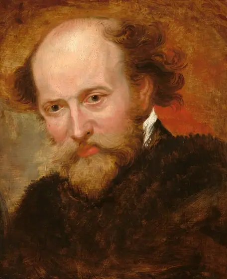 The head and chest of a man with pale pink skin, a honey-blond beard, and curly, mahogany-brown hair around a receding hairline fills this vertical portrait painting.