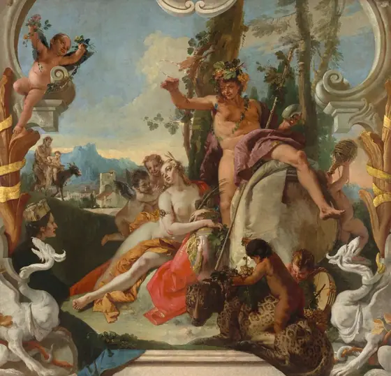 A man and woman are surrounded by six pudgy children, some with wings, against a deep landscape in this square painting. At the center of the composition, the man, Bacchus, sits astride a wine barrel, which is about half his height.