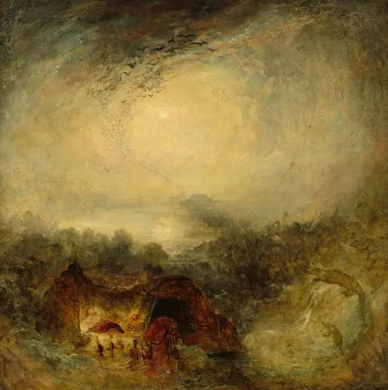 A butter-yellow sky fills the top two-thirds of this square landscape painting while in the bottom third, a brown structure is surrounded by golden yellow and pine-green forms like clouds.