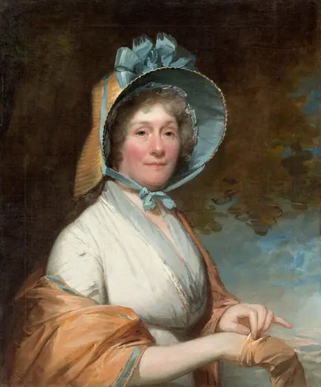 This painting features a woman from the waist up, her body angled slightly to the right, looking out at us. She has pale skin with rosy cheeks, blue eyes, arched gray eyebrows, and pink lips that are slightly upturned.