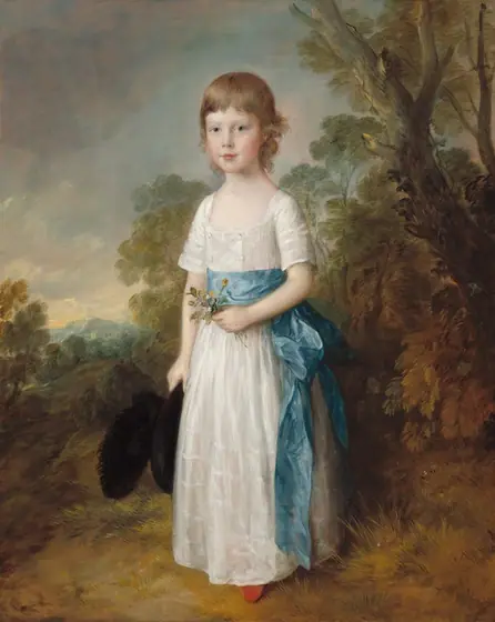 A young, light-skinned, rosy-cheeked child stands against a landscape of trees and rolling hills in this vertical portrait painting. Some areas are loosely painted, especially in the background, giving the portrait a soft look.