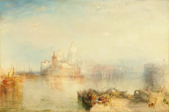 Through a golden haze and across an expanse of gently rippling water dotted with boats, ghostly ivory and parchment-white buildings rise along a distant shore in this loosely painted horizontal landscape.
