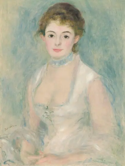 Shown from the hips up, a pale-skinned young woman wearing a white dress sits smiling gently at us in this vertical portrait painting. Blended strokes of pearl white, cool green, and muted blue create an overall soft, almost blurred look.