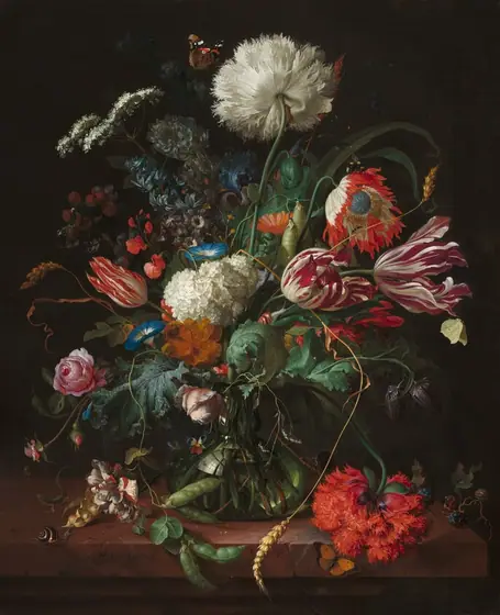 A profusion of flowers in shades of white, orange, blue, and deep pink, with earthy-green leaves, burst from the narrow opening of a glass vase in this vertical still life painting.