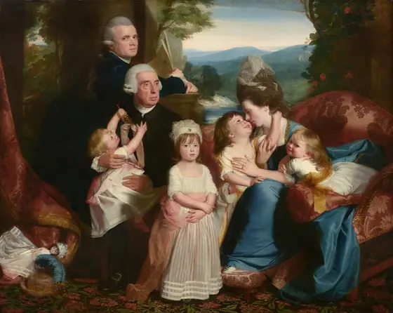 A group of three adults and four children are gathered on and around a couch in an interior space that opens out to a distant hilly landscape in this horizontal portrait painting.