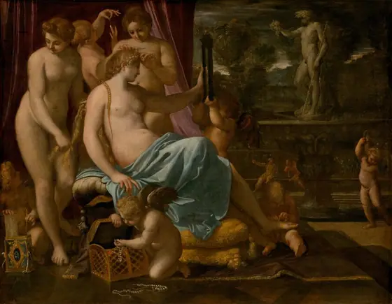 In the left half of this horizontal painting, a bare-chested, seated woman, Venus, is tended by three nude women and several child-like, nude, winged putti. All the women and putti have pale, peachy skin.