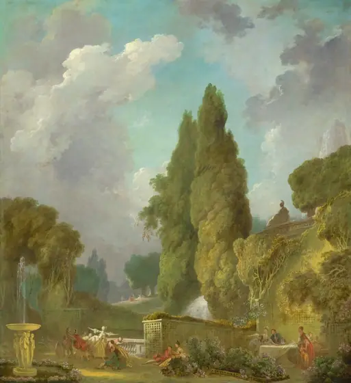 From a distance, we look slightly down into a lush park filled pairs and groups of elegantly dressed, light-skinned adults and children frolicking and socializing in this vertical painting.