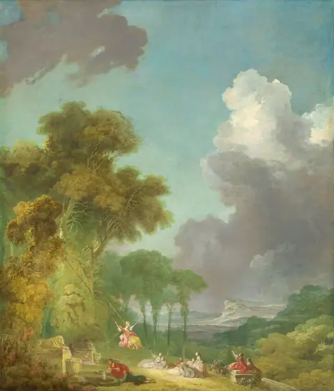 From a distance, we look down onto and across a lush park filled with elegantly dressed, light-skinned adults and children gathered in small groups as one woman swings from tall trees in this vertical painting.