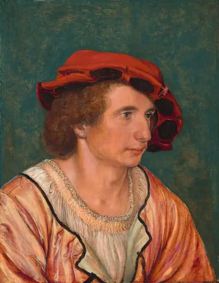 Shown from the chest up, a cleanshaven man with peachy skin sits angled to our right in this vertical portrait painting. He has chin-length, curly, auburn-red hair. He gazes off to our right with hazel eyes under thick brows.