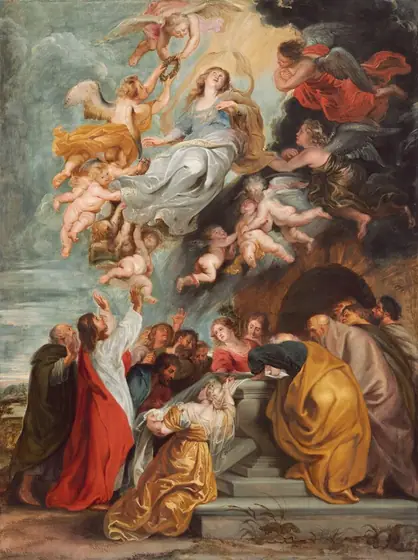 A woman, Mary, floats in the sky surrounded by eleven winged angels above fifteen men and women gathered around an open, stone coffin in this vertical painting. All the people have pale, peachy skin.