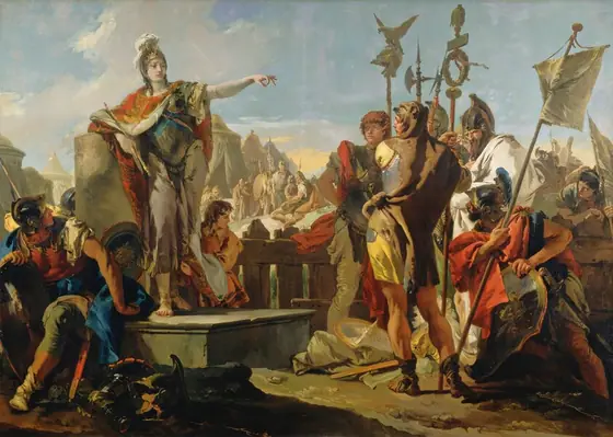 A woman wearing a breastplate and helmet over a toga stands to our left on a platform, gesturing with one arm extended to a group of about a dozen soldiers gathered around her in this horizontal painting.