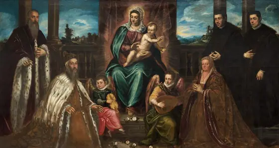 Seven men, women, and children with pale, peachy skin flank a woman surrounded by a halo of light, sitting on a throne and holding a nearly nude baby boy in her lap in this long, horizontal painting.