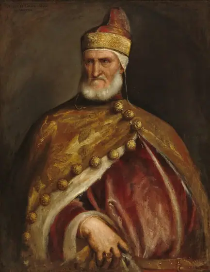 An older man with a tanned skin and a white beard is shown from the waist up against a dark brown background in this vertical portrait painting. His body is angled to our right but he turns his head to look to our left.