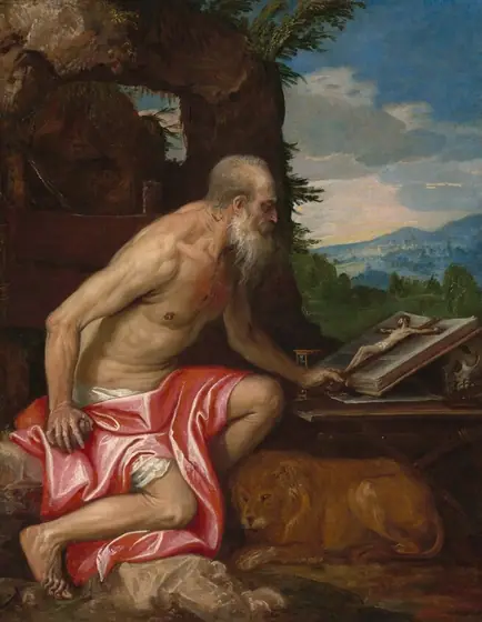 A sinewy older man, his pale skin mostly exposed, sits on a stone low to the ground facing a table on our right in the center of this vertical painting. His gray hair is cropped short, and he has a graying, long beard.